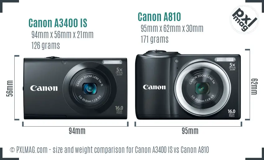 Canon A3400 IS vs Canon A810 size comparison