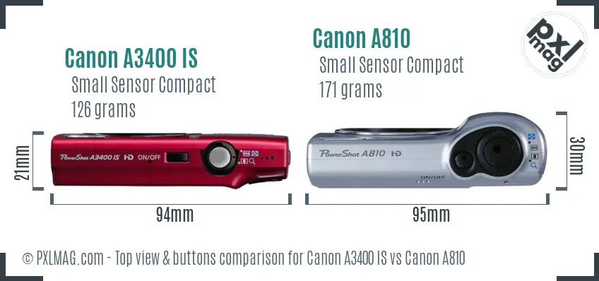 Canon A3400 IS vs Canon A810 top view buttons comparison