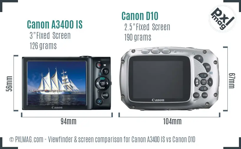 Canon A3400 IS vs Canon D10 Screen and Viewfinder comparison