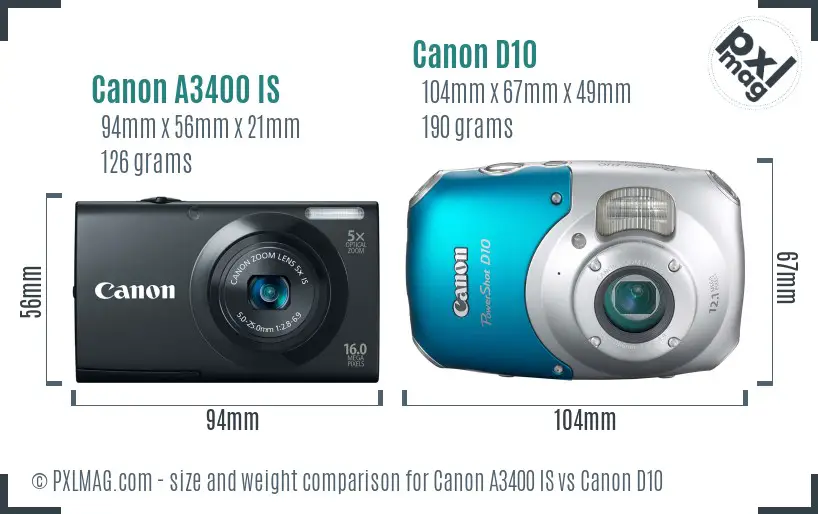 Canon A3400 IS vs Canon D10 size comparison