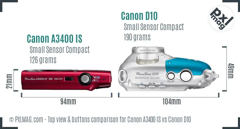 Canon A3400 IS vs Canon D10 top view buttons comparison