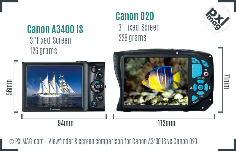 Canon A3400 IS vs Canon D20 Screen and Viewfinder comparison