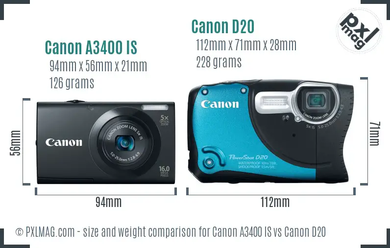 Canon A3400 IS vs Canon D20 size comparison