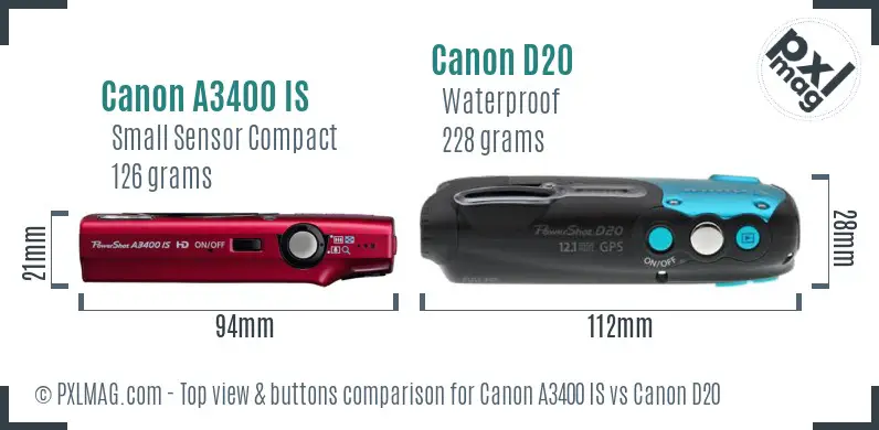 Canon A3400 IS vs Canon D20 top view buttons comparison