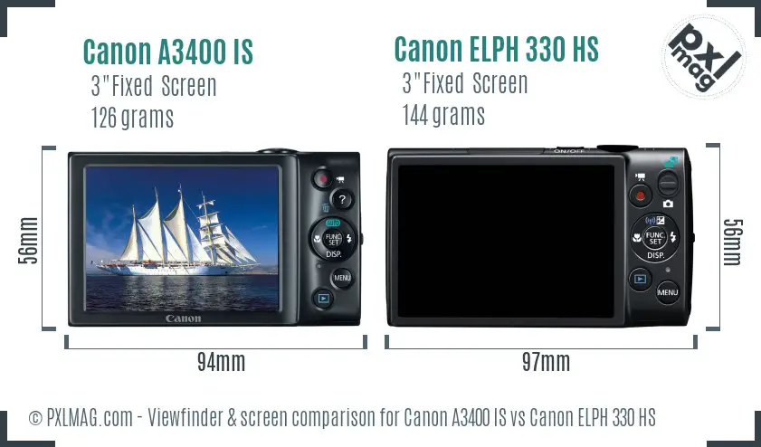 Canon A3400 IS vs Canon ELPH 330 HS Screen and Viewfinder comparison