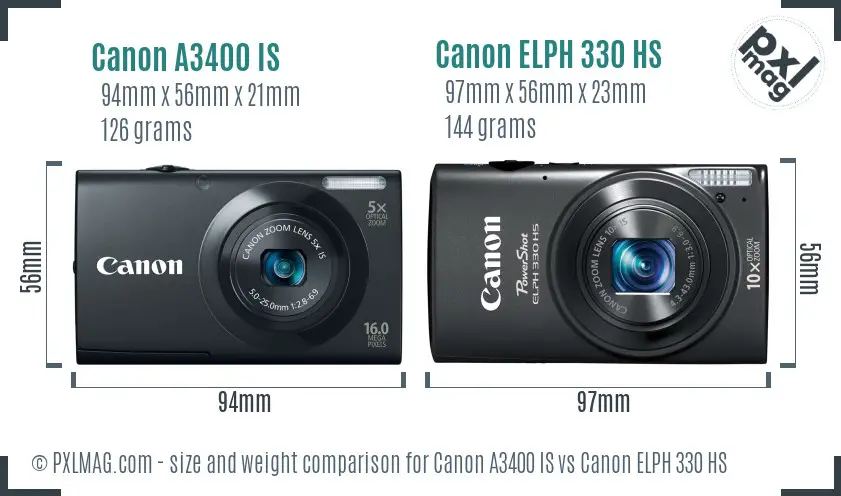 Canon A3400 IS vs Canon ELPH 330 HS size comparison