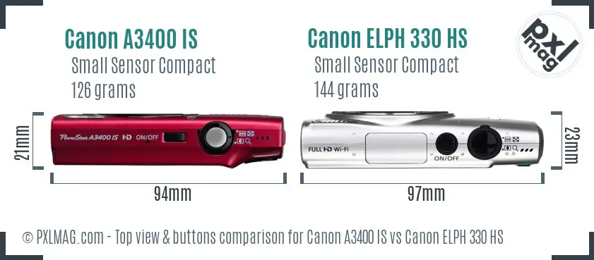 Canon A3400 IS vs Canon ELPH 330 HS top view buttons comparison