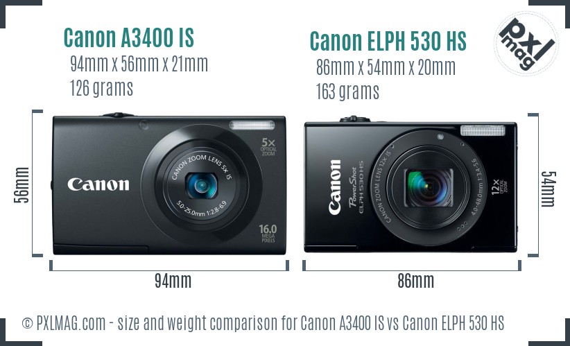 Canon A3400 IS vs Canon ELPH 530 HS size comparison Canon A3400 IS vs Canon ELPH 530 HS size comparison