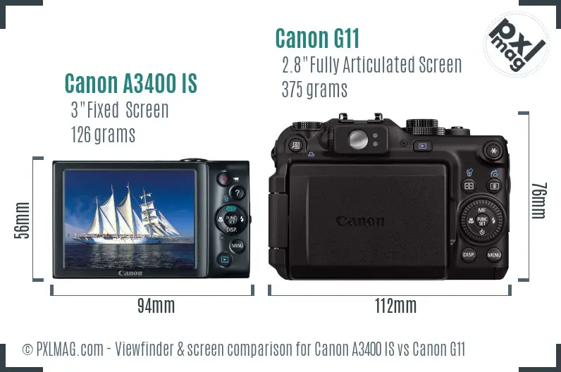 Canon A3400 IS vs Canon G11 Screen and Viewfinder comparison