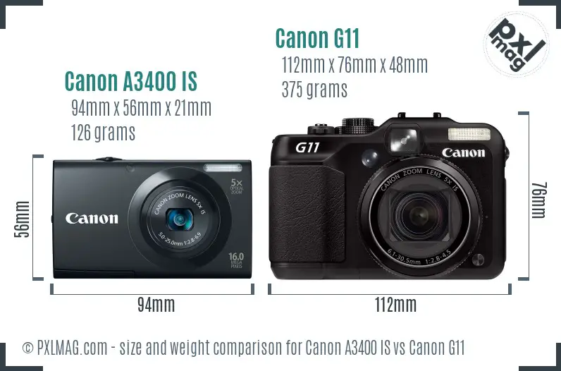 Canon A3400 IS vs Canon G11 size comparison