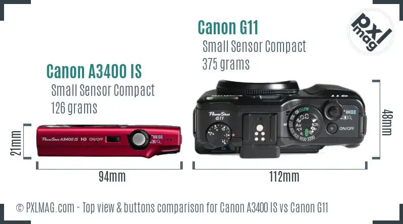 Canon A3400 IS vs Canon G11 top view buttons comparison