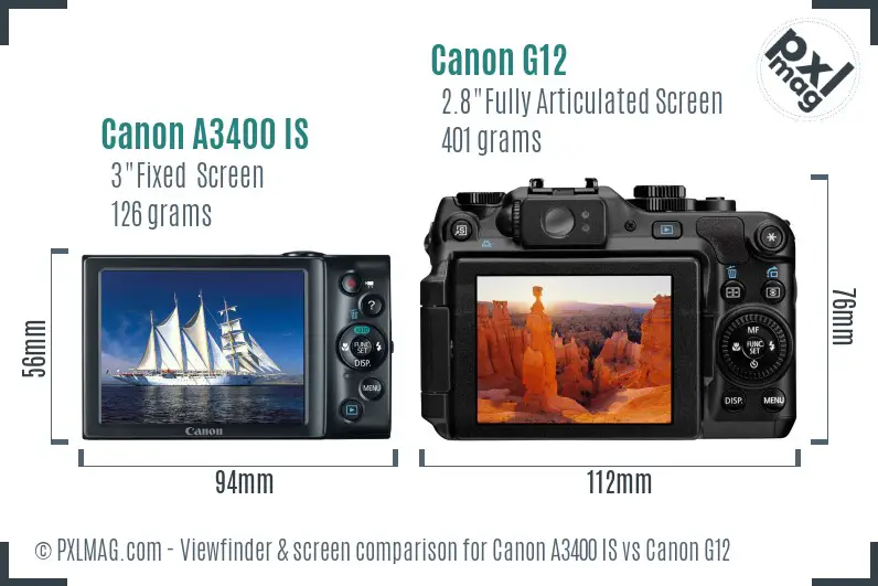 Canon A3400 IS vs Canon G12 Screen and Viewfinder comparison