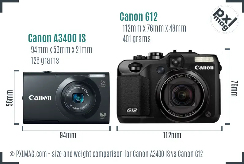 Canon A3400 IS vs Canon G12 size comparison