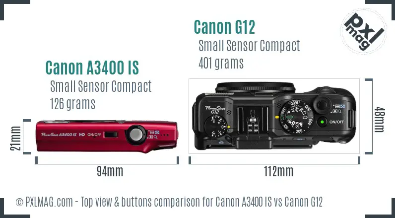 Canon A3400 IS vs Canon G12 top view buttons comparison