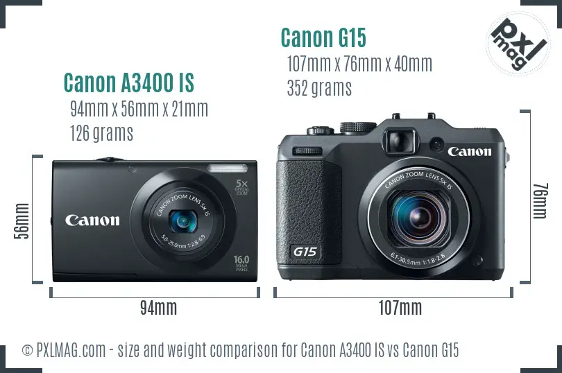Canon A3400 IS vs Canon G15 size comparison