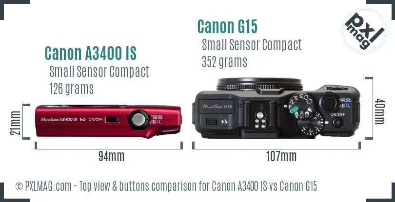 Canon A3400 IS vs Canon G15 top view buttons comparison