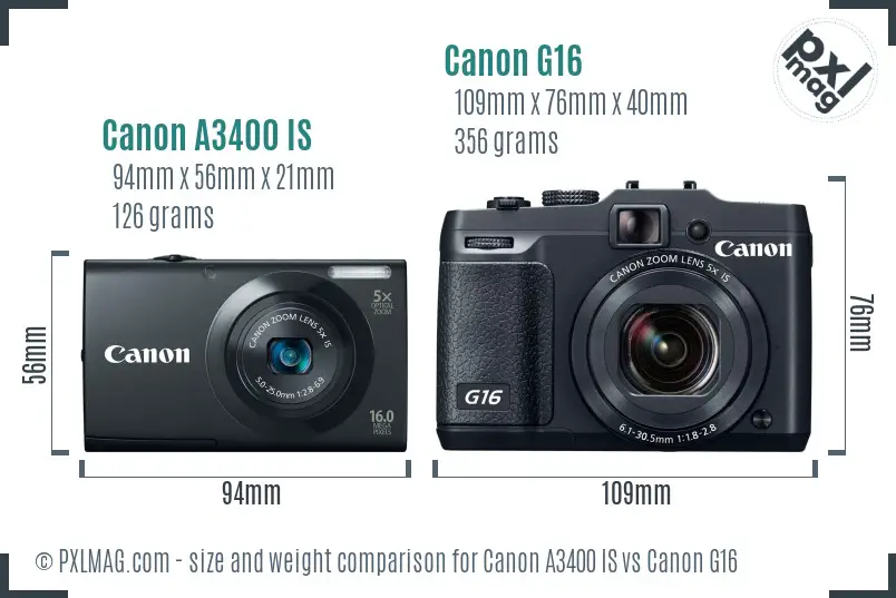 Canon A3400 IS vs Canon G16 size comparison