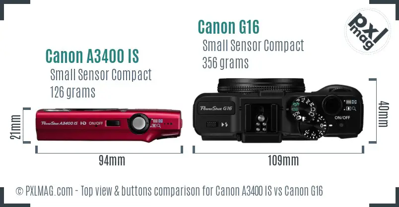 Canon A3400 IS vs Canon G16 top view buttons comparison