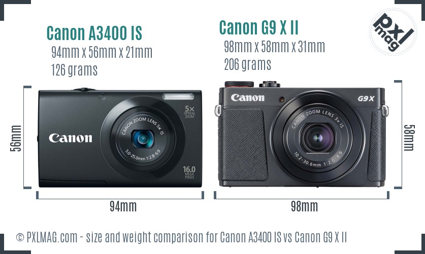 Canon A3400 IS vs Canon G9 X II size comparison