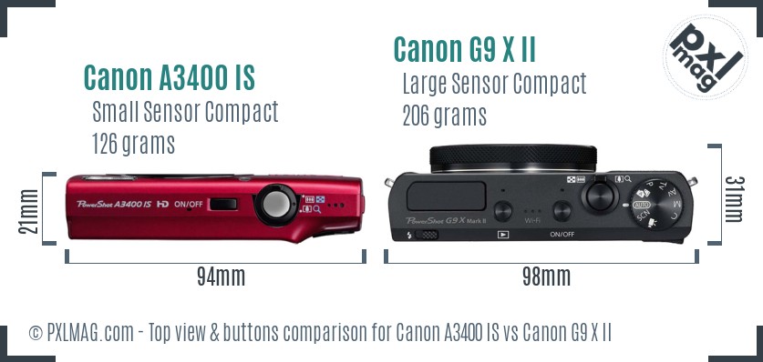 Canon A3400 IS vs Canon G9 X II top view buttons comparison