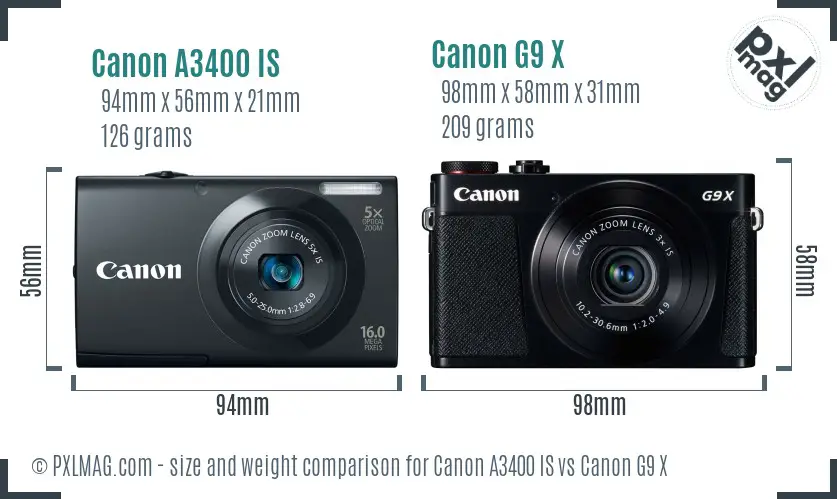 Canon A3400 IS vs Canon G9 X size comparison