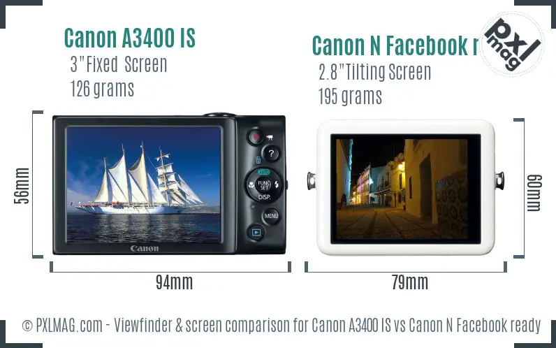 Canon A3400 IS vs Canon N Facebook ready Screen and Viewfinder comparison Canon A3400 IS vs Canon N Facebook ready Screen and Viewfinder comparison