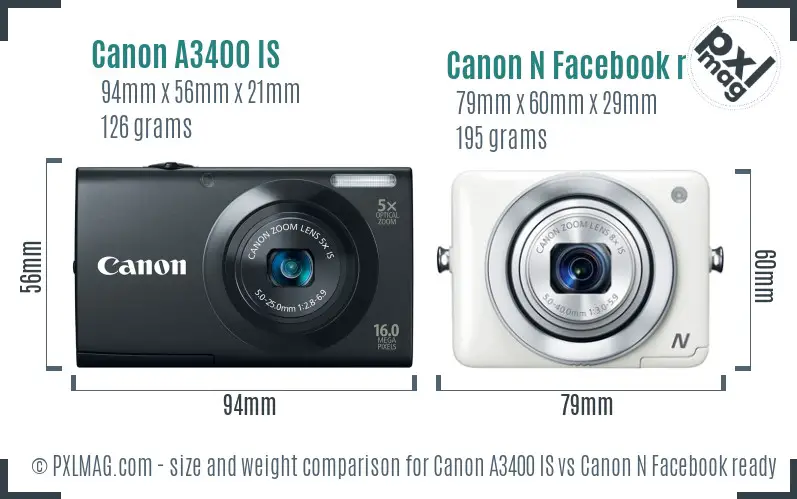 Canon A3400 IS vs Canon N Facebook ready size comparison Canon A3400 IS vs Canon N Facebook ready size comparison