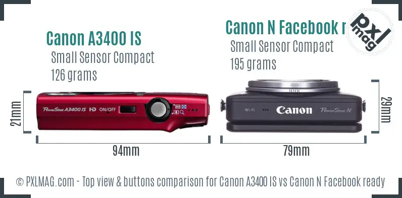 Canon A3400 IS vs Canon N Facebook ready top view buttons comparison Canon A3400 IS vs Canon N Facebook ready top view buttons comparison