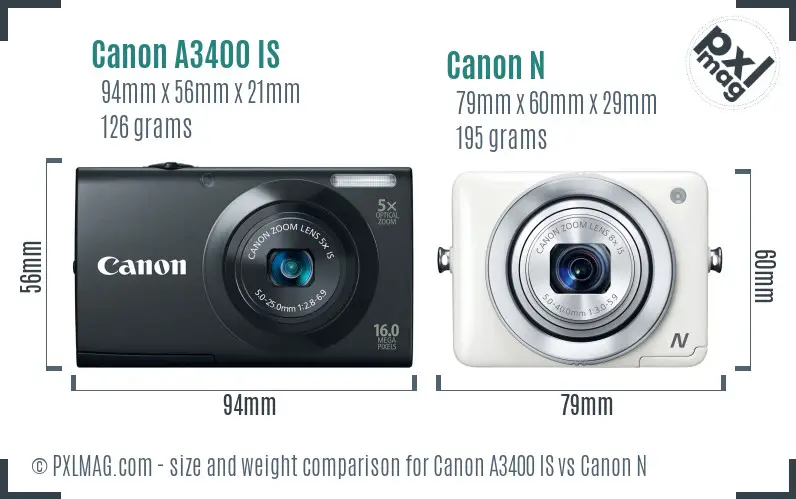 Canon A3400 IS vs Canon N size comparison