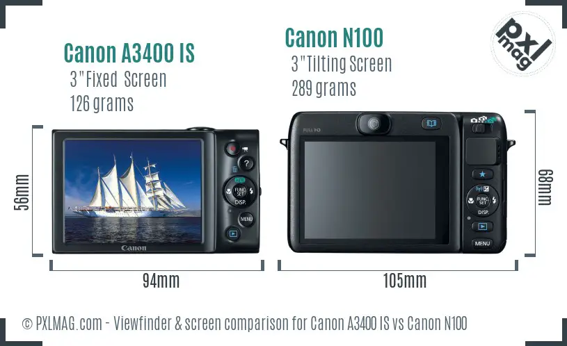 Canon A3400 IS vs Canon N100 Screen and Viewfinder comparison