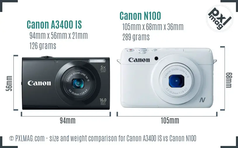 Canon A3400 IS vs Canon N100 size comparison