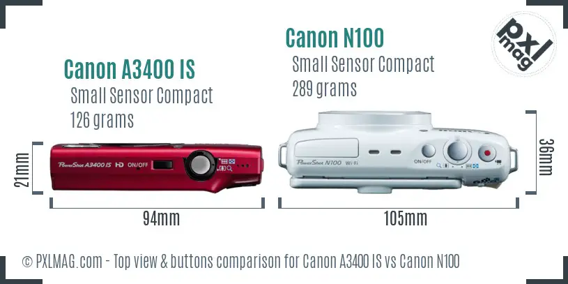 Canon A3400 IS vs Canon N100 top view buttons comparison