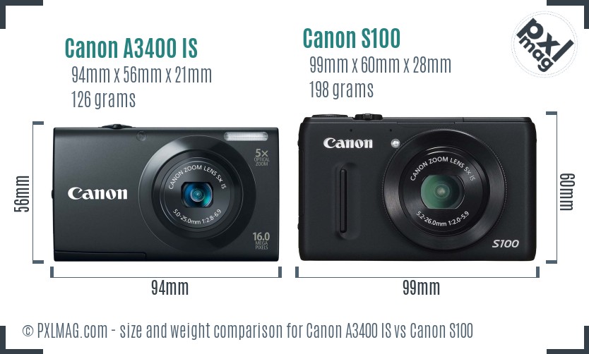 Canon A3400 IS vs Canon S100 size comparison