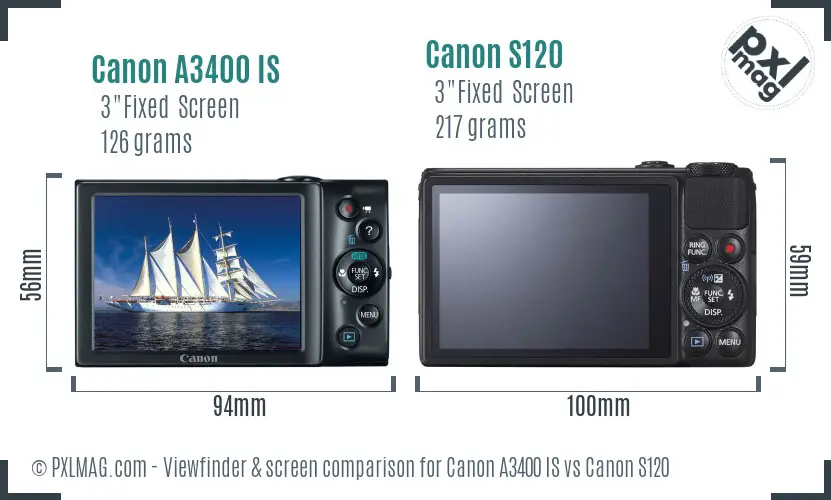 Canon A3400 IS vs Canon S120 Screen and Viewfinder comparison