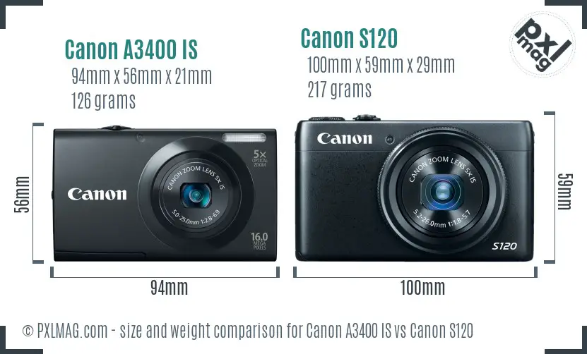 Canon A3400 IS vs Canon S120 size comparison