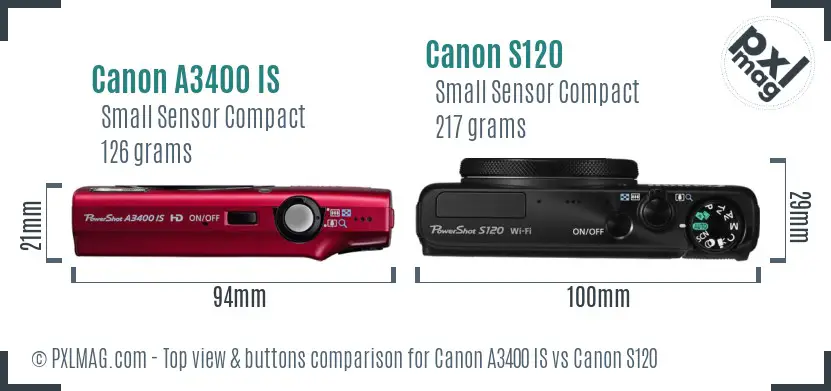 Canon A3400 IS vs Canon S120 top view buttons comparison