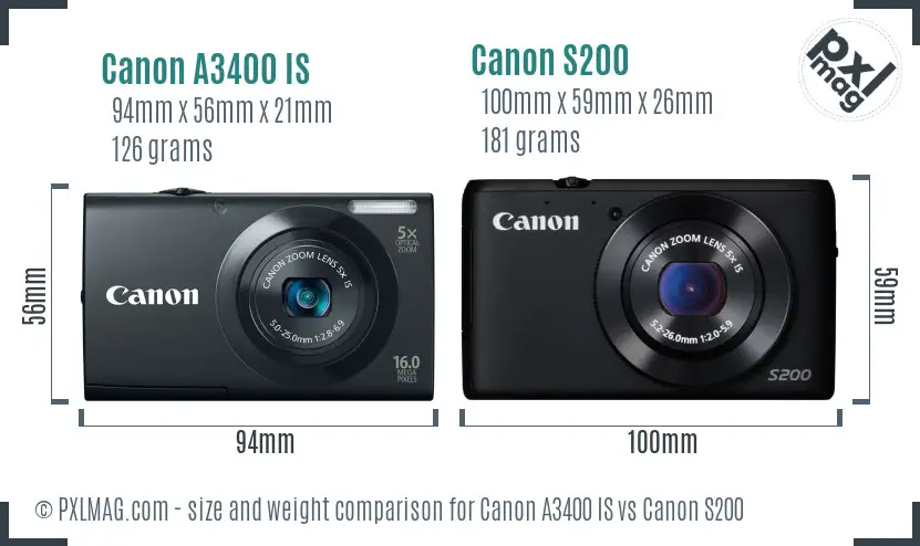 Canon A3400 IS vs Canon S200 size comparison