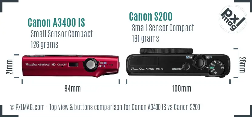 Canon A3400 IS vs Canon S200 top view buttons comparison