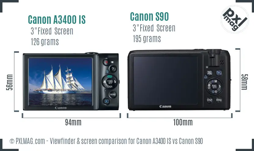 Canon A3400 IS vs Canon S90 Screen and Viewfinder comparison