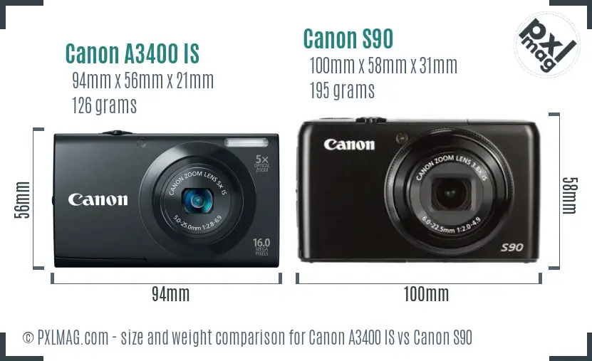 Canon A3400 IS vs Canon S90 size comparison