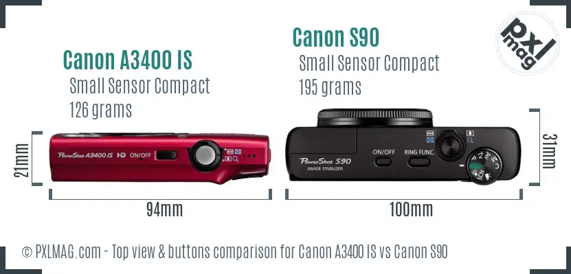 Canon A3400 IS vs Canon S90 top view buttons comparison