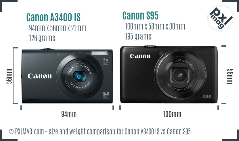 Canon A3400 IS vs Canon S95 size comparison