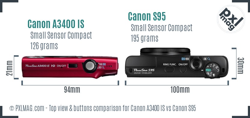 Canon A3400 IS vs Canon S95 top view buttons comparison