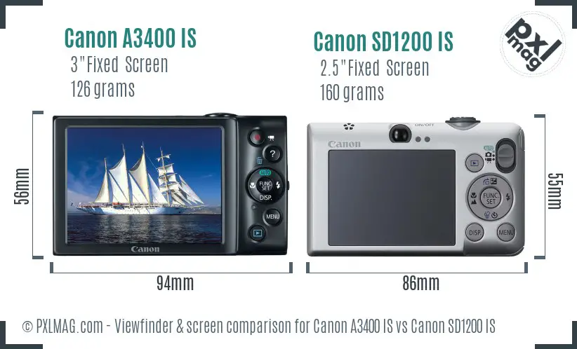 Canon A3400 IS vs Canon SD1200 IS Screen and Viewfinder comparison