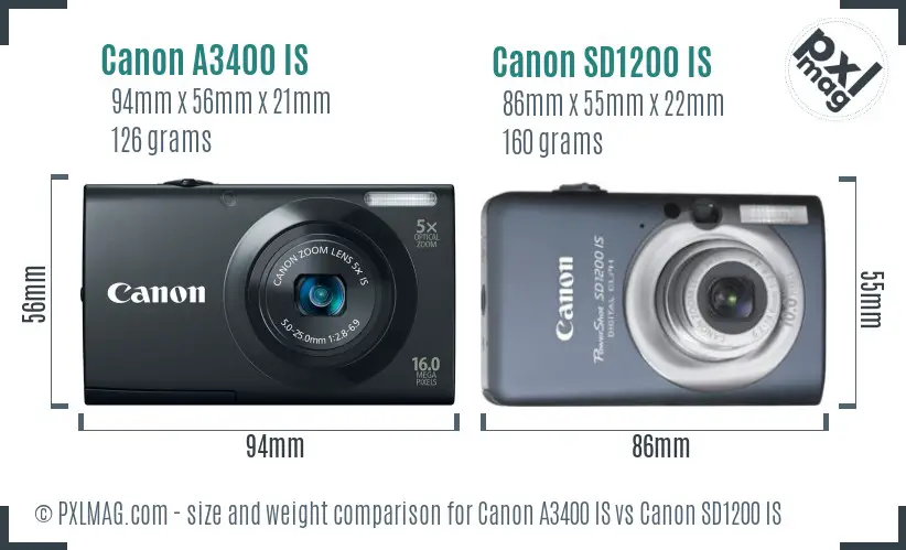 Canon A3400 IS vs Canon SD1200 IS size comparison