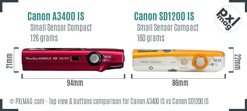 Canon A3400 IS vs Canon SD1200 IS top view buttons comparison