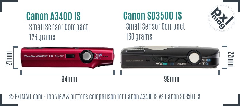 Canon A3400 IS vs Canon SD3500 IS top view buttons comparison
