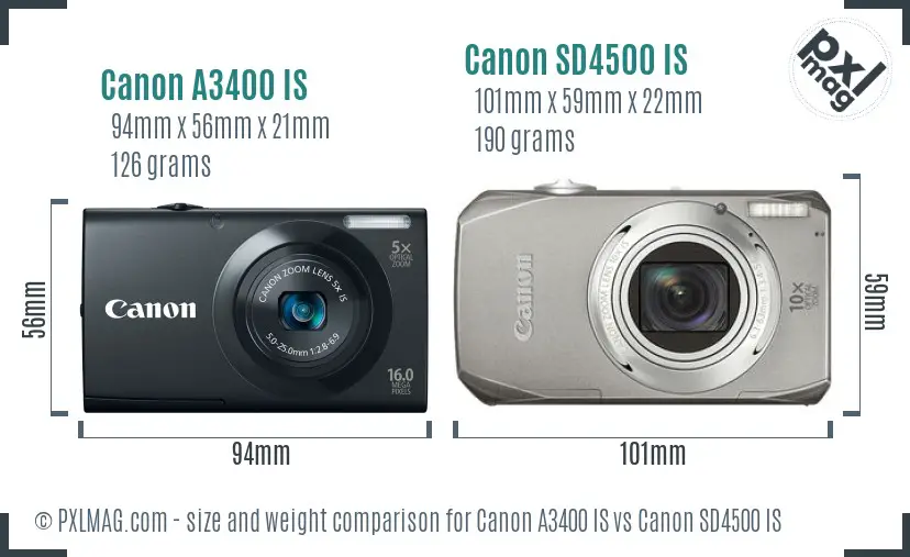 Canon A3400 IS vs Canon SD4500 IS size comparison