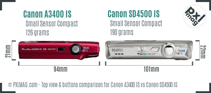 Canon A3400 IS vs Canon SD4500 IS top view buttons comparison