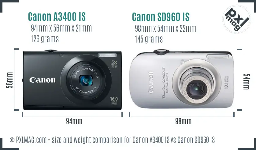 Canon A3400 IS vs Canon SD960 IS size comparison Canon A3400 IS vs Canon SD960 IS size comparison